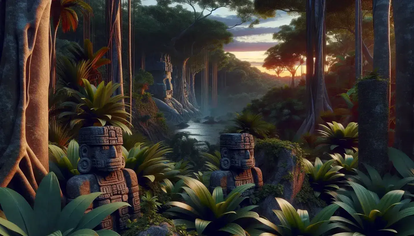 Atardecer en selva tropical con estatuas mayas de piedra, vegetación exuberante, y reflejos dorados en un cuerpo de agua tranquilo.