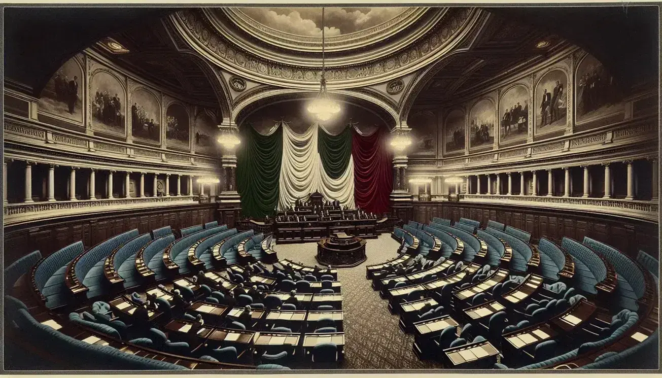 Interno di una camera parlamentare con banchi blu e legno chiaro disposti a semicerchio, podio centrale e bandiera italiana drappeggiata.