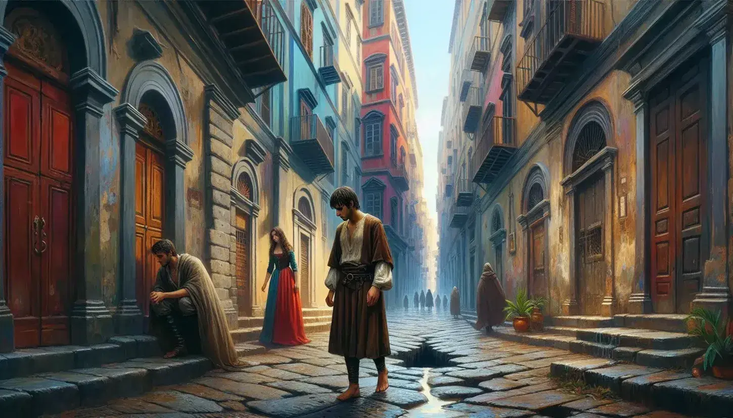 Vicolo stretto napoletano con edifici colorati, uomo in tunica medievale confuso e donna in abito rosso che si allontana furtivamente.