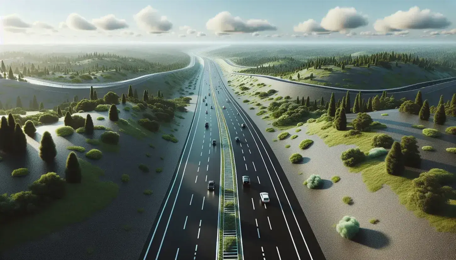 Strada asfaltata che serpeggia tra alberi verdi sotto un cielo azzurro con nuvole sparse, con auto in lontananza.
