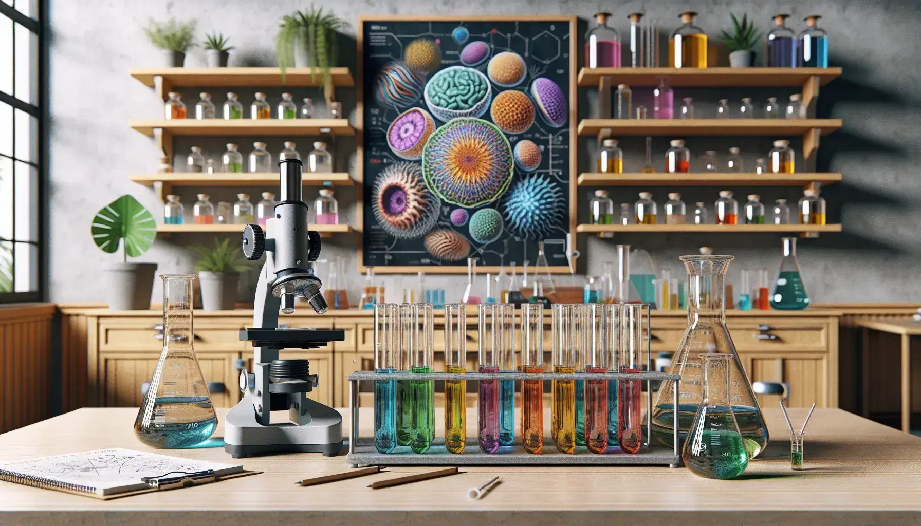 Laboratorio de ciencias con mesa de trabajo, tubos de ensayo de colores, microscopio, estantes con frascos y póster de célula.