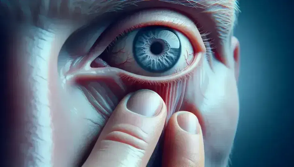 Close-up of a human eye with dilated pupil and vivid blue iris, white sclera with red blood vessels and outstretched hand on the gray blurred background.