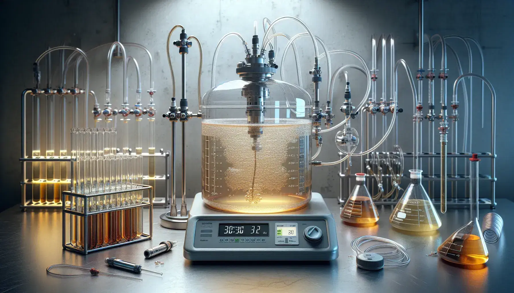 Laboratory bioreactor with fermentation broth and rising bubbles, surrounded by sealed Erlenmeyer flasks and a digital pH meter probe, with blurred lab equipment in the background.