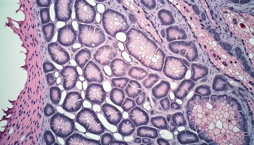 Vista microscópica de tejido epitelial sano con células poligonales, núcleos púrpura y membrana apical especializada, sin signos de daño.