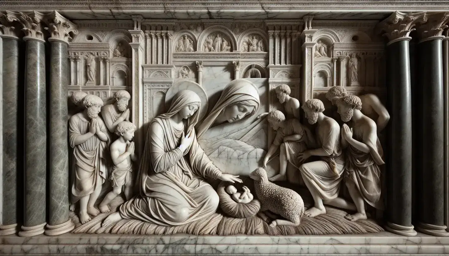 Rilievo in marmo della Natività di Nicola Pisano sul pulpito del Battistero di Pisa, con Maria, Bambino e pastori incisi.