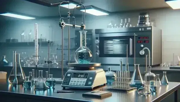 Laboratorio científico con balanza analítica, termómetro en Erlenmeyer con líquido incoloro, horno de laboratorio y tubo de ensayo con sustancia azul.