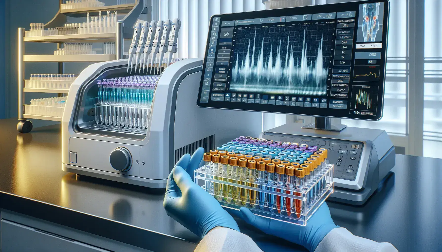 Laboratory technician's gloved hands holding a rack of colorful microtubes in a genetic testing lab with a background genetic analyzer and pipettes.