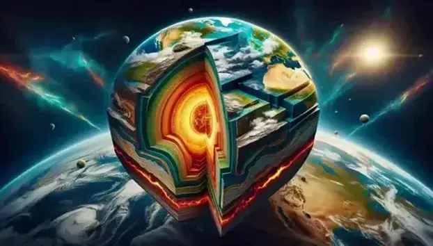 3D cross section of Earth showing crust, mantle with orange-red hues, yellow outer core and red inner core, on real planet background.