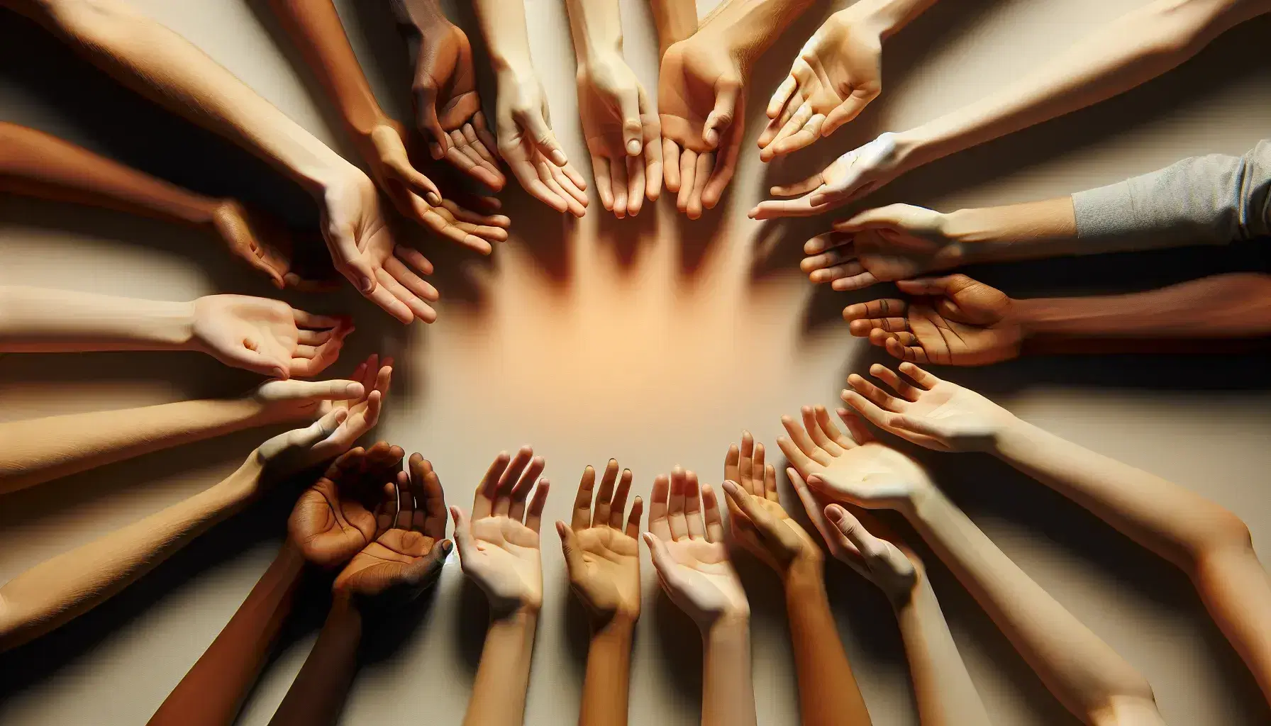 Diverse hands reaching towards the center in unity, showcasing a range of skin tones and ages against a light background, symbolizing collaboration.