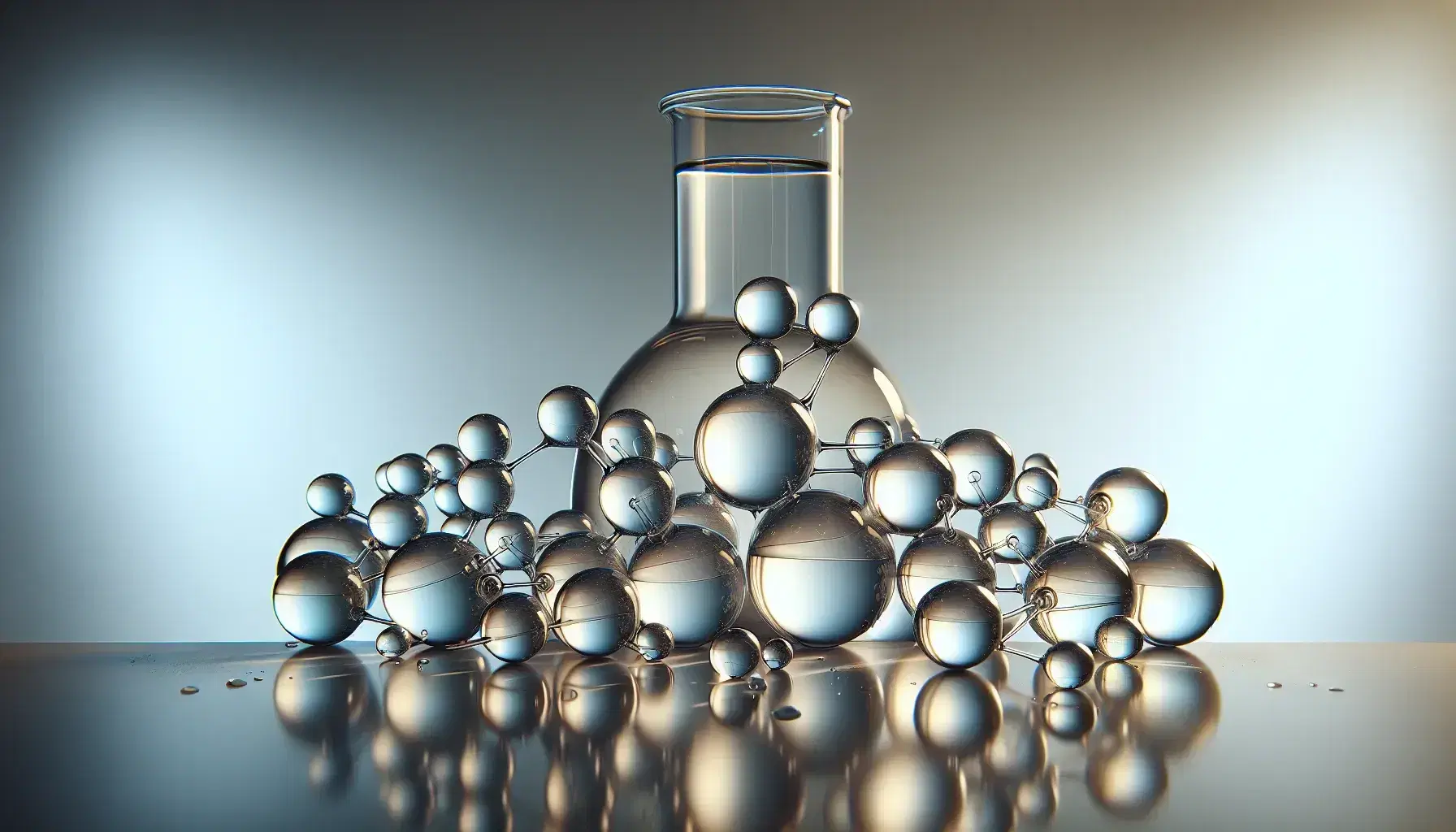 Esferas de vidrio transparentes de distintos tamaños sobre superficie reflectante con matraz Erlenmeyer y líquido incoloro al fondo, juego de luces y sombras.