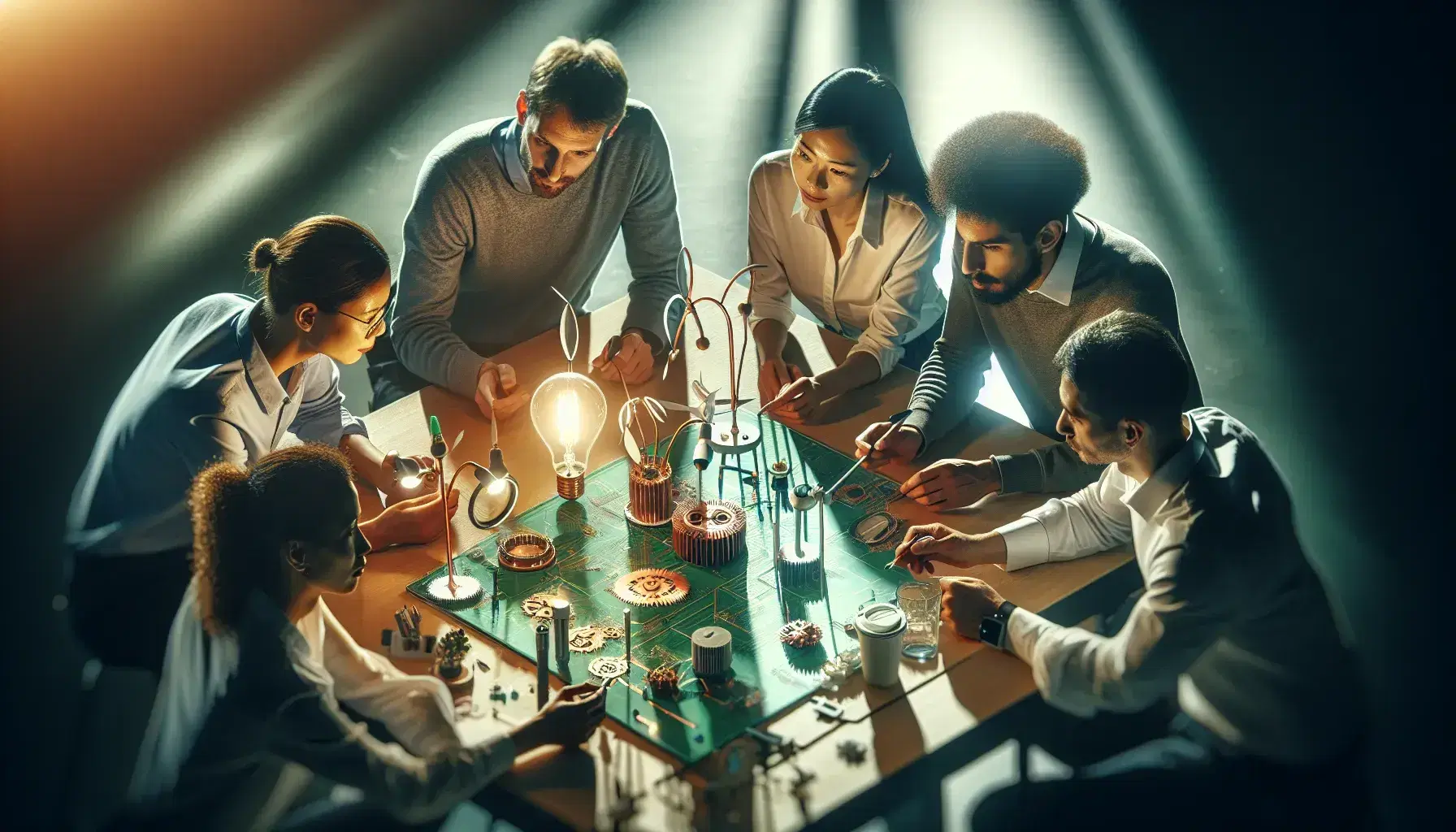 Four professionals of different ethnicities collaborate around a table with innovation objects such as a light bulb, gear, circuit and mini wind turbine.