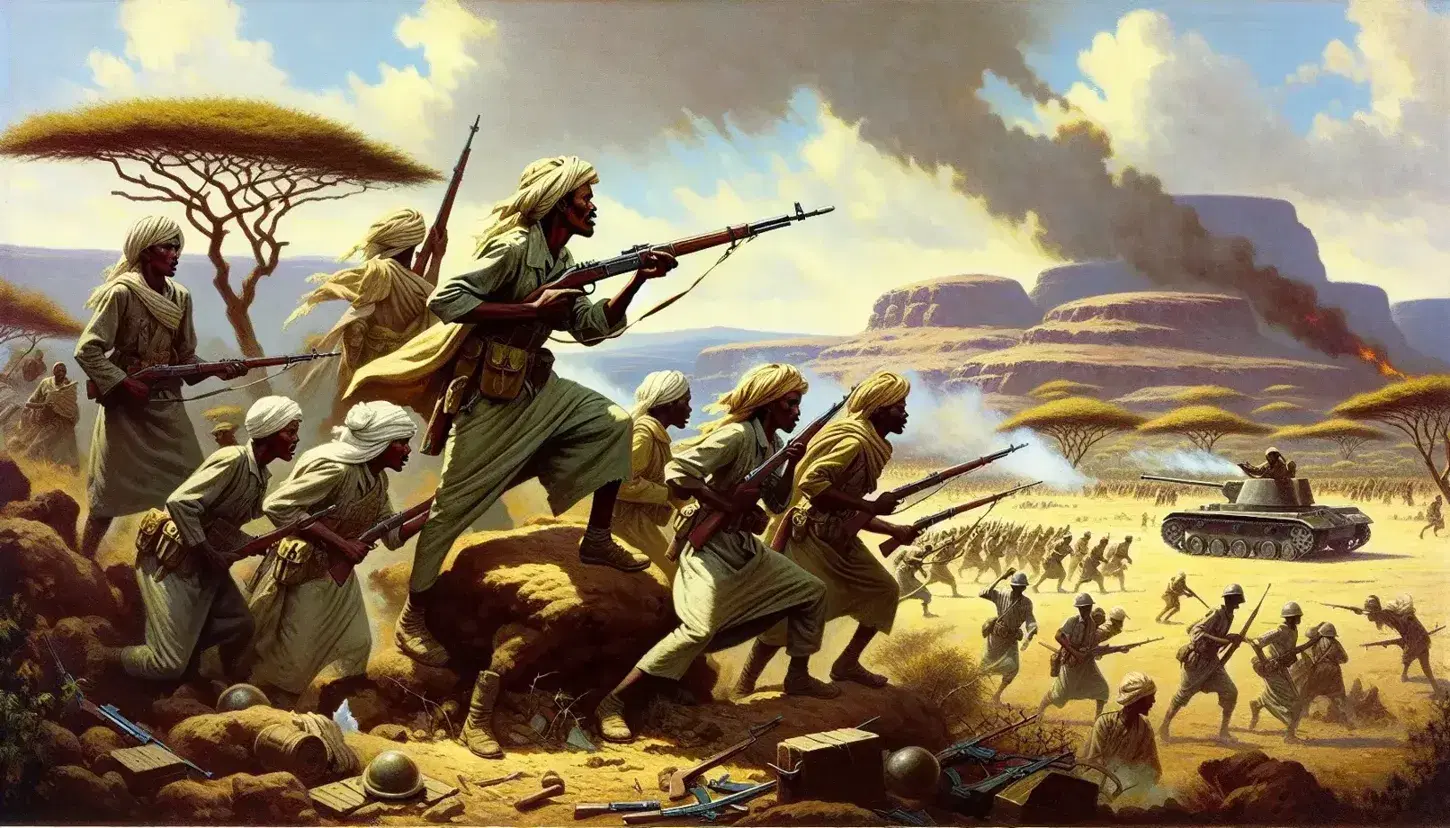 Abyssinian soldiers in traditional tunics and headscarves with rifles in the Ethiopian highlands, near a smoke-obscured tank under a cloudy sky.