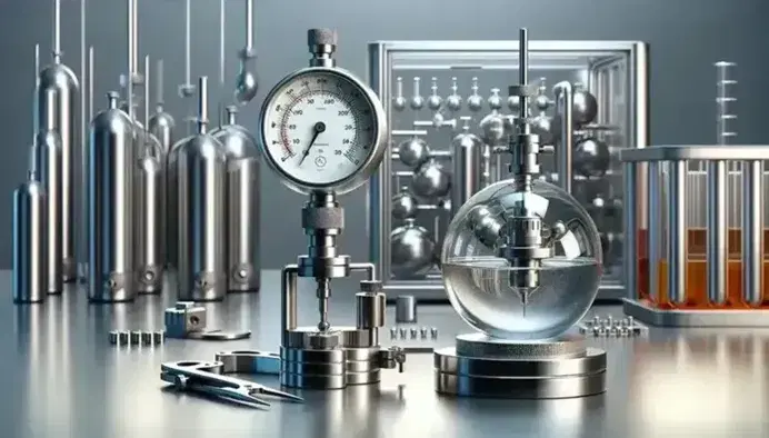 Science laboratory with metal pressure gauge, glass tank with liquid, insulated container and metal calipers on workbench.
