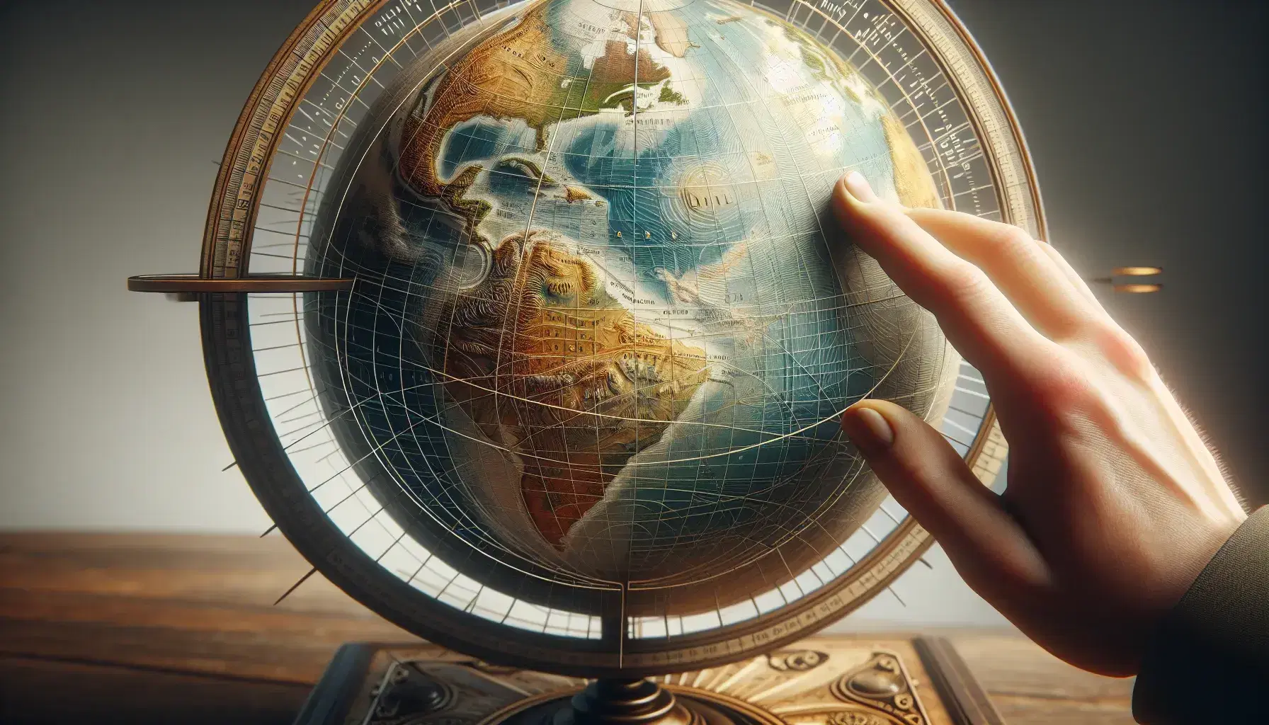 Globo terrestre fisico con rilievi montuosi su supporto in legno, reticolo geografico trasparente e mano che lo sfiora.