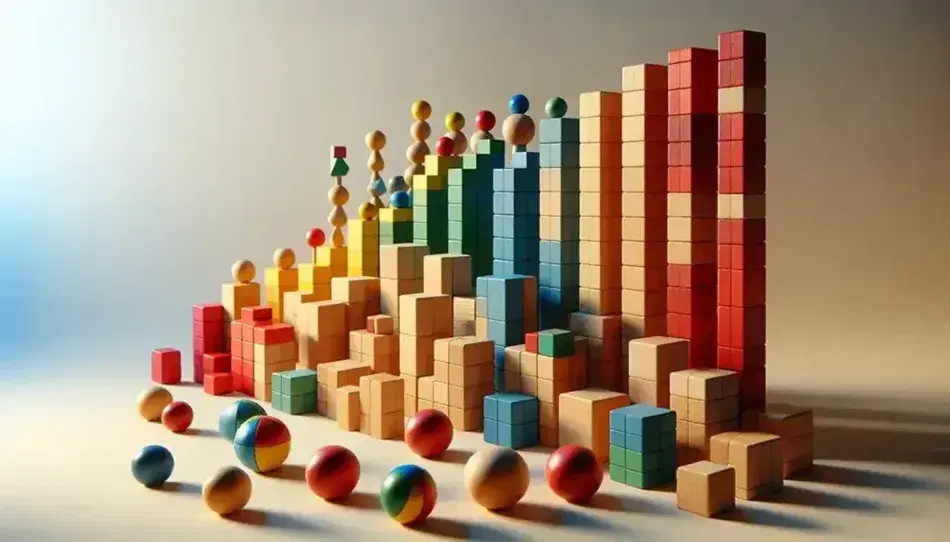 Bloques de madera geométricos en colores rojo, azul, amarillo y verde, con esferas y prismas alineados sobre superficie clara.