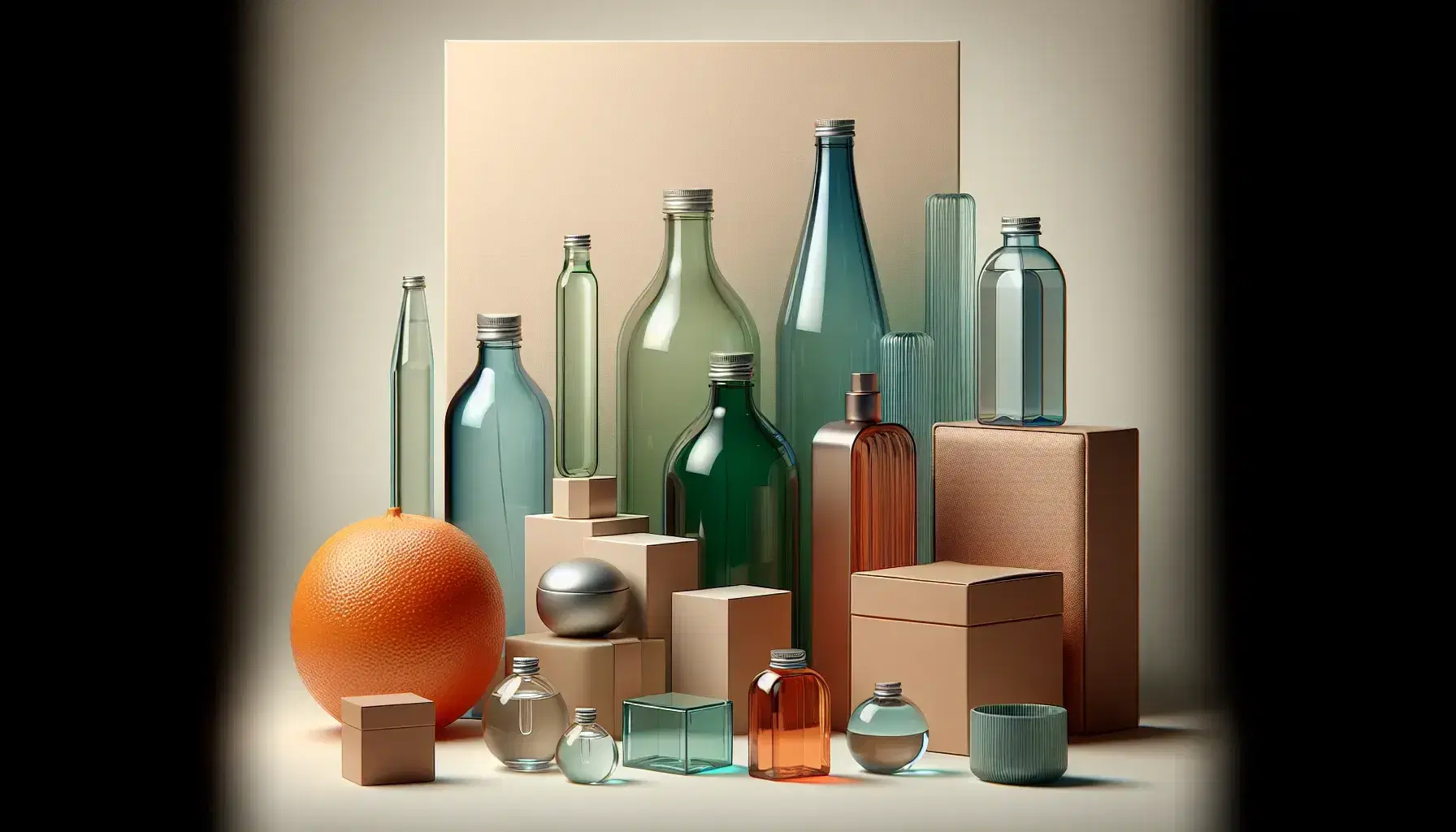 Assorted product display featuring glass bottles, colorful boxes, a fruit, ceramic bowl, leather wallet, glass jar, and plush teddy bear on a light background.