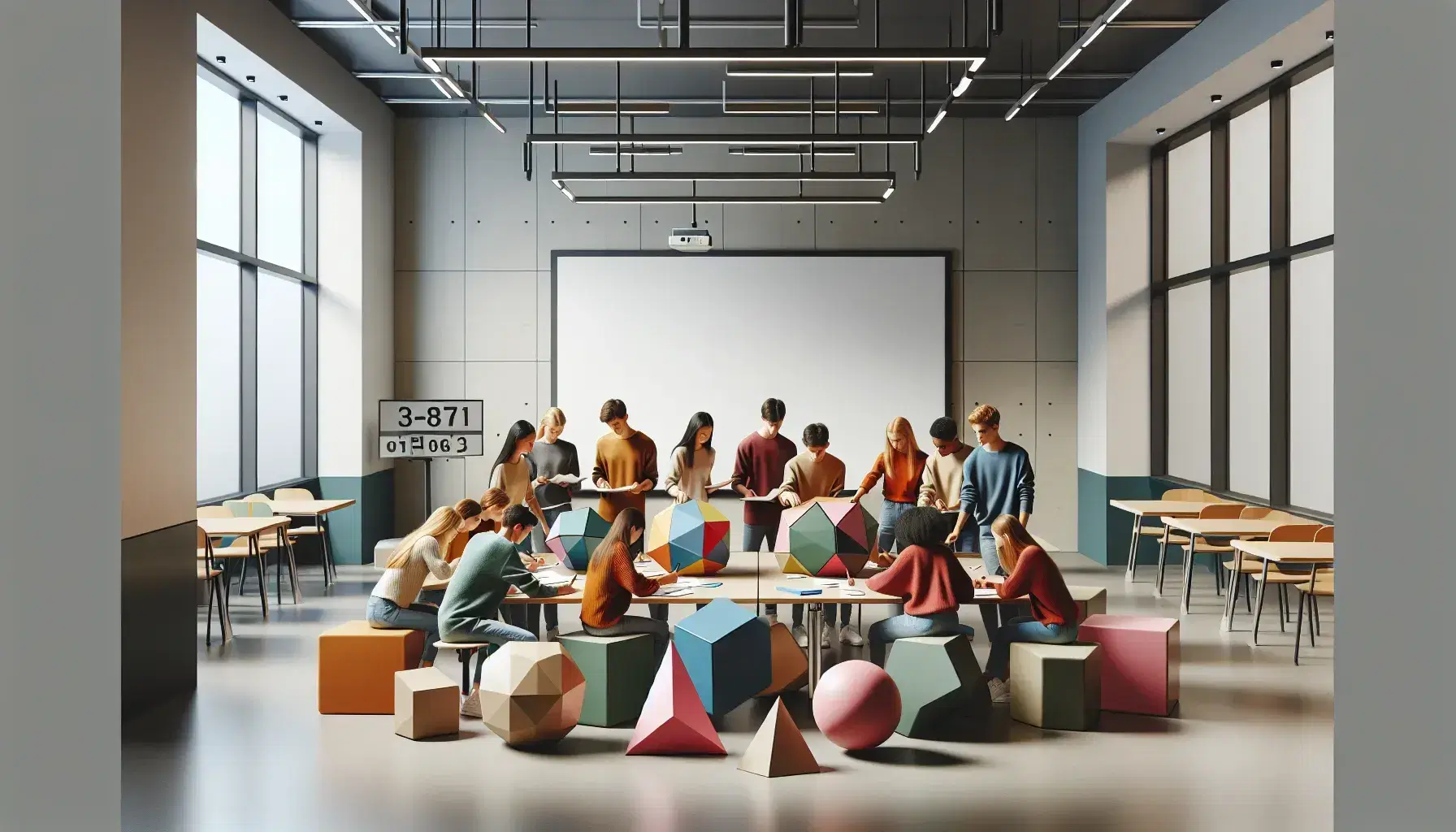 Diverse students collaborate around an oval table with colorful geometric shapes, engaging in a hands-on math activity in a modern, tech-equipped classroom.