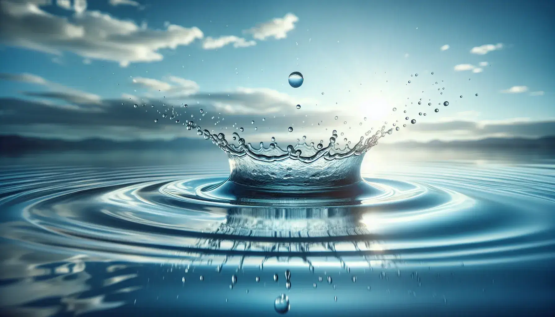 Gota de agua impactando en superficie tranquila creando corona de salpicaduras y ondas concéntricas con reflejos de cielo azul.