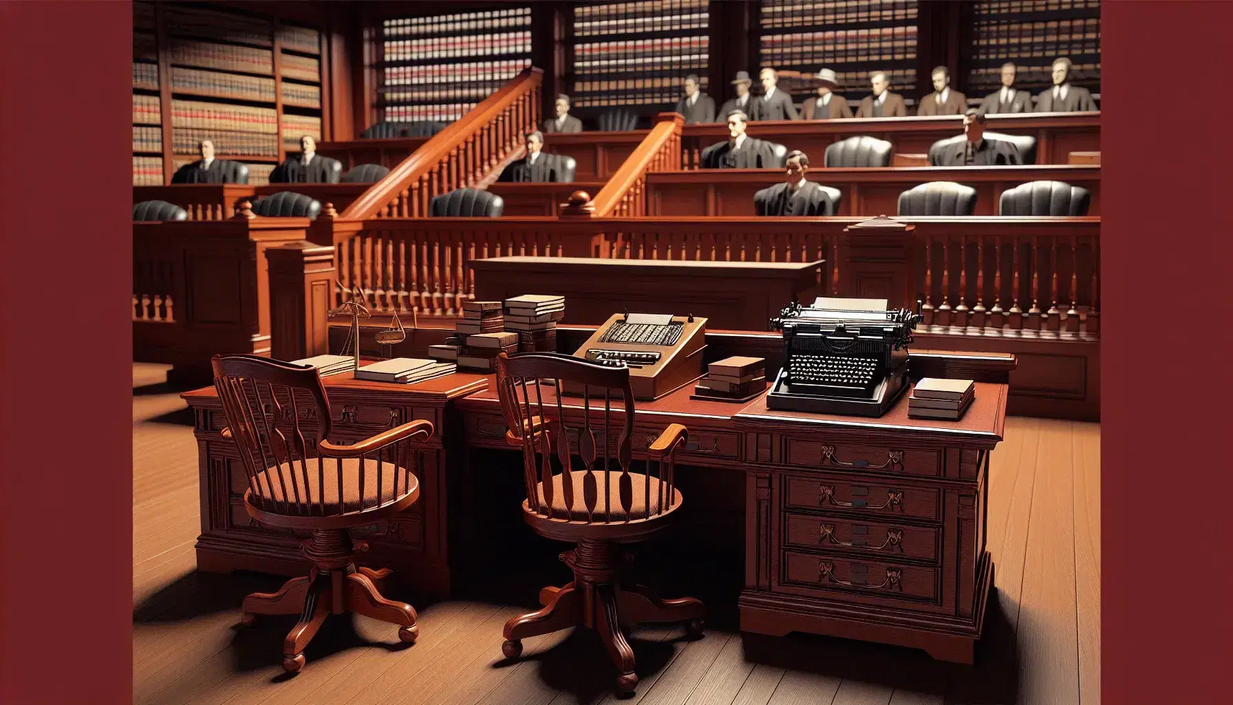 Empty courtroom with judge's bench, witness stand, court reporter's desk with stenotype, attorneys' tables, and spectator benches.