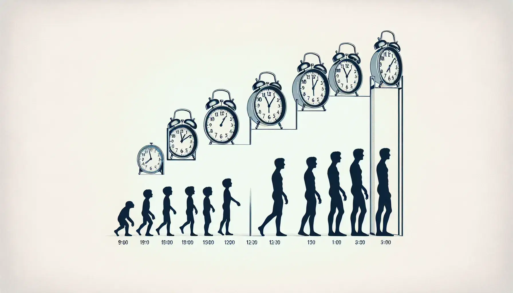 Three identical clocks showing 9:00, 12:00 and 15:00 stand above corresponding silhouettes of a child, teenager and adult on a light background.