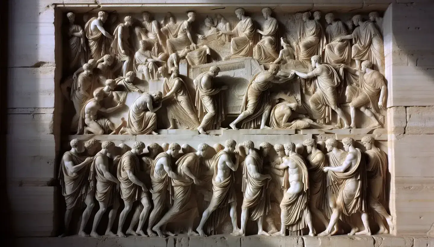 Rilievo marmoreo dell'Ara Pacis con figure umane in cerimonia, vesti drappeggiate e dettagli finemente scolpiti.
