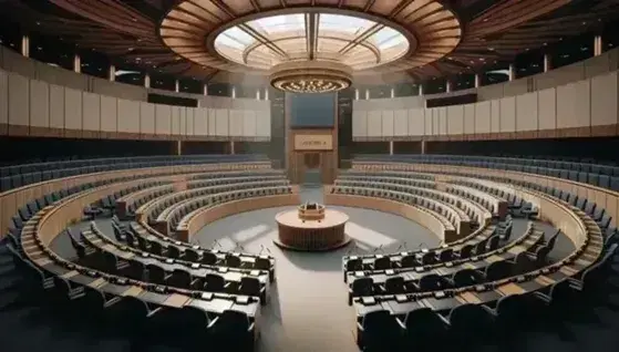 Camera parlamentare vuota con scrivanie semicircolari blu e legno, podio centrale e cupola di vetro che illumina la sala.