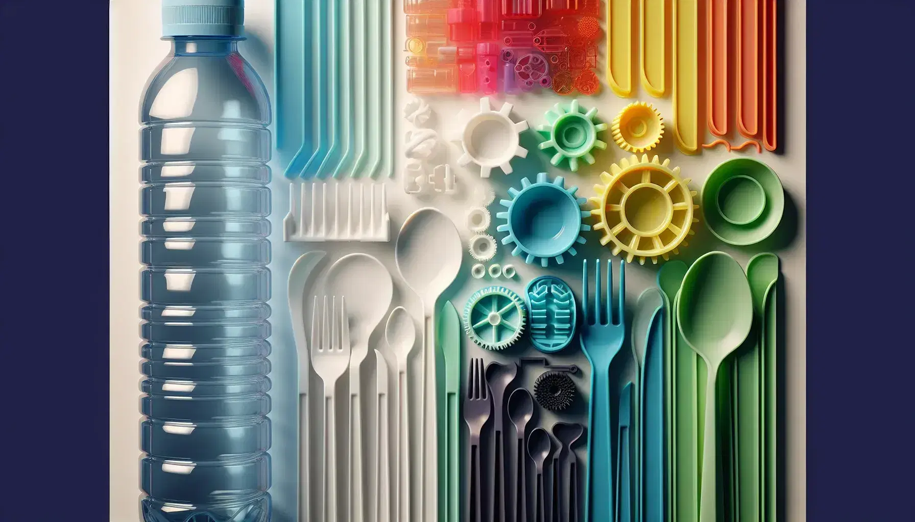 Various assortment of colorful plastic objects on white background, including transparent bottle, cutlery, gears and glasses stacked.
