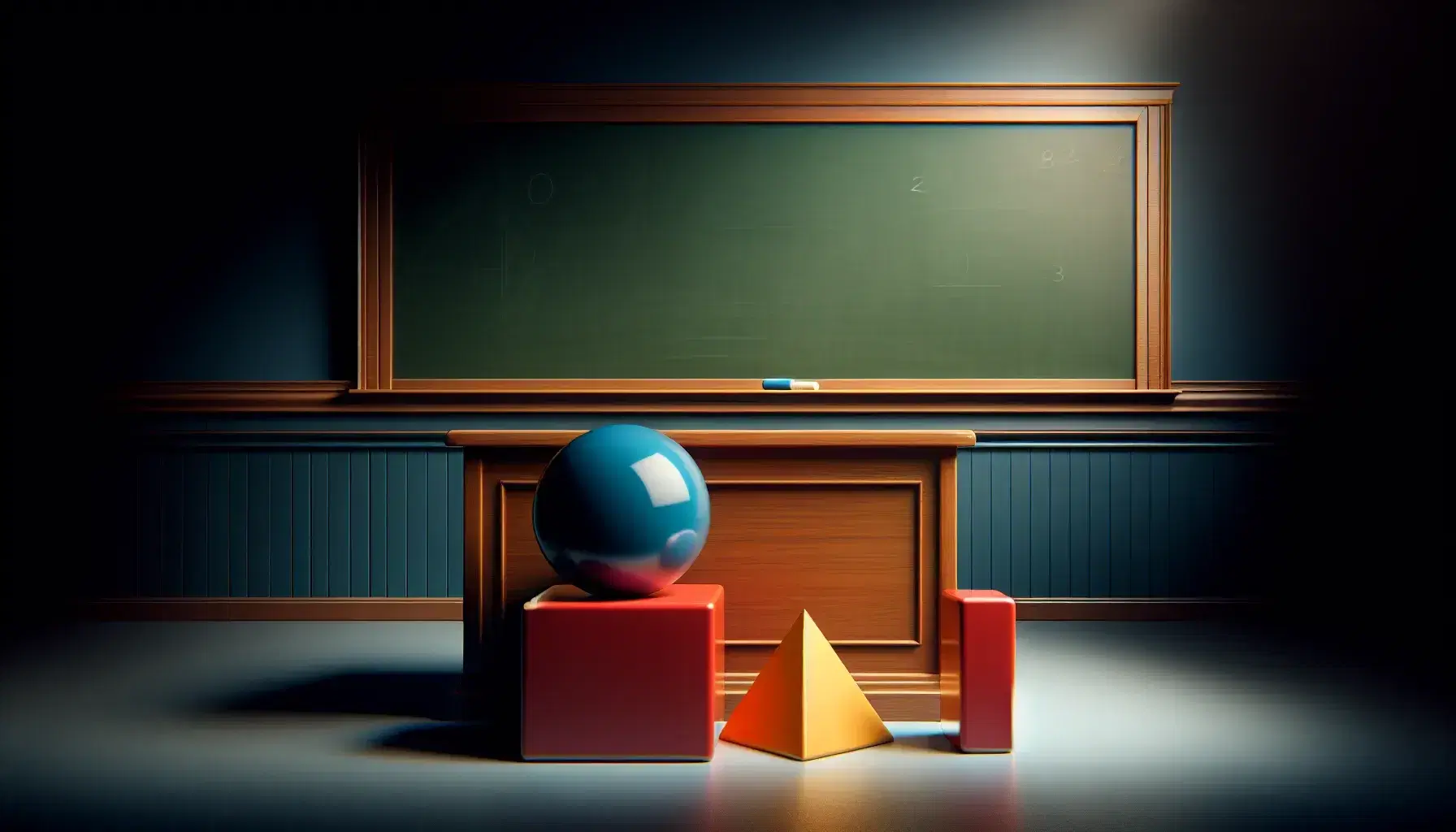 Classic wooden teacher's desk with a blue sphere, red cube, and yellow cone geometric shapes, set against a clean chalkboard in a well-lit classroom.