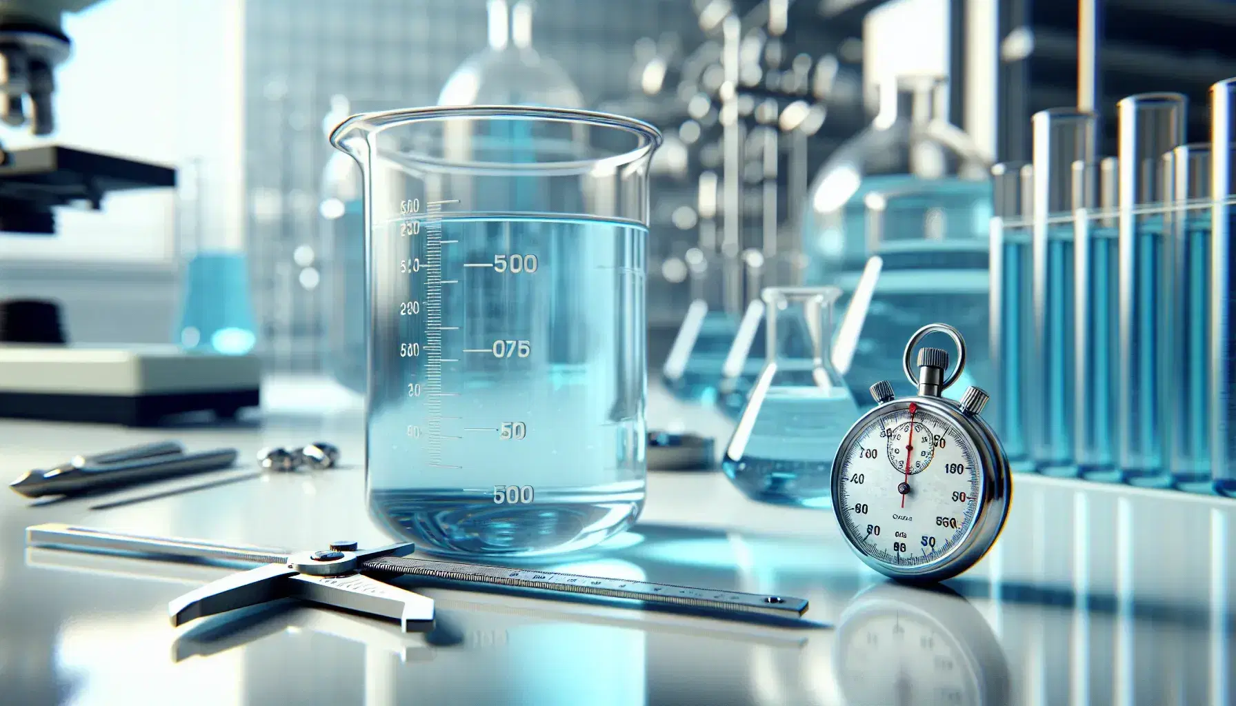 Close-up of transparent glass beaker with light blue liquid on white surface, steel caliper and stopwatch stopped in blurred laboratory.