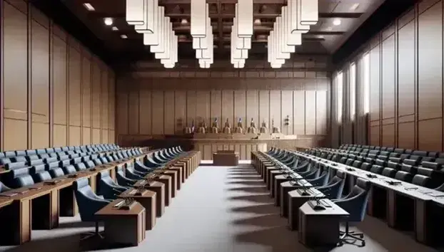 Sala parlamentare vuota con scrivanie semicircolari, sedie blu, podio centrale con microfono, illuminazione uniforme e pareti finestrate.
