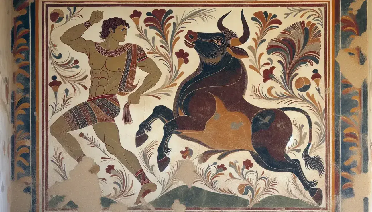 Fresco cretese vivace con figura umana in movimento, toro saltante e elementi naturali stilizzati su sfondo azzurro, contornato da bordi geometrici.