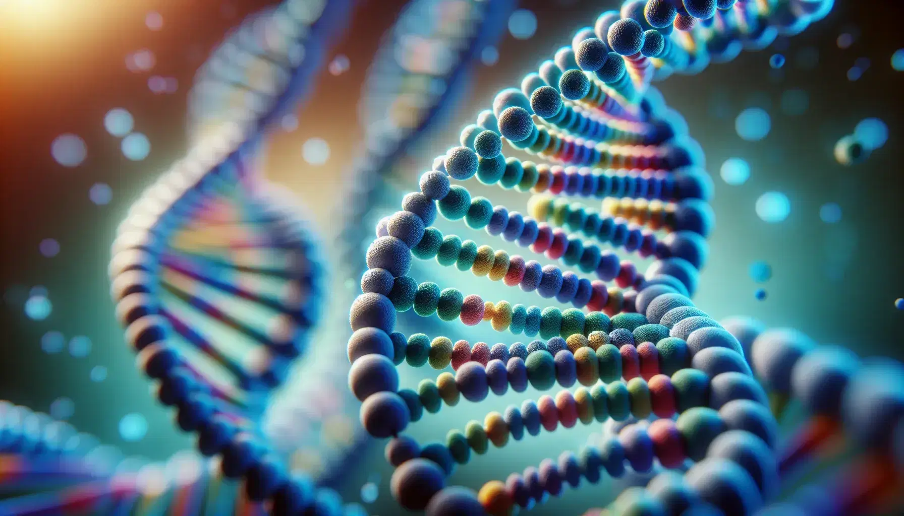 Close-up view of a 3D DNA double helix model with blue and green spirals connected by red, yellow, orange, and purple base pairs against a blurred blue background.