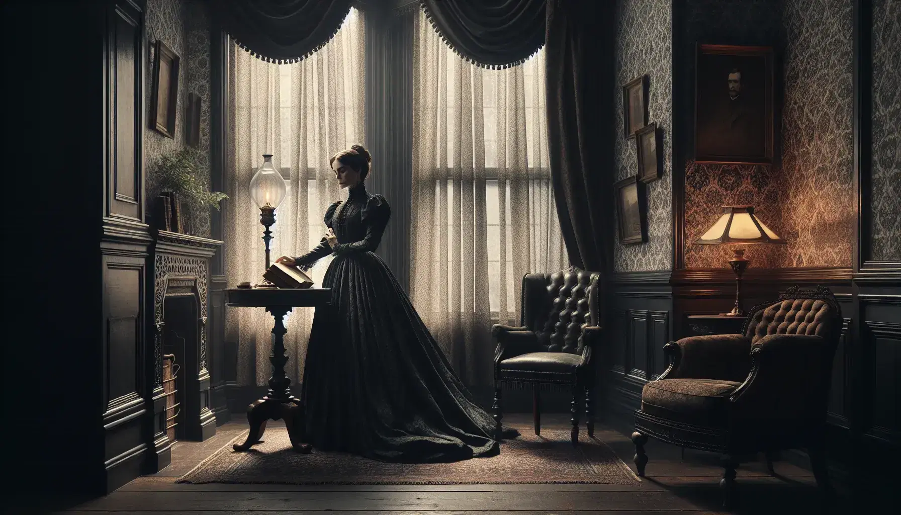 Victorian drawing room with a woman in a 19th-century gown by a wooden table with a book and oil lamp, high-backed chair, and floral wallpaper.
