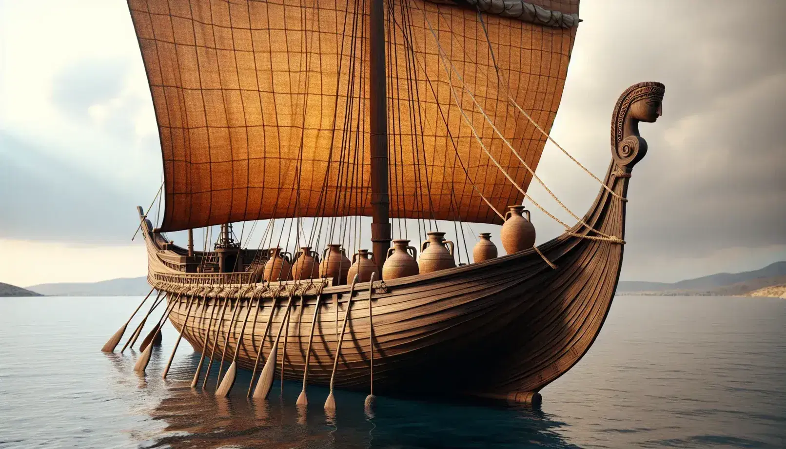 Riproduzione di una nave fenicia con vela ocra, anfore terracotta sul ponte, ormeggiata vicino a una costa mediterranea tranquilla.