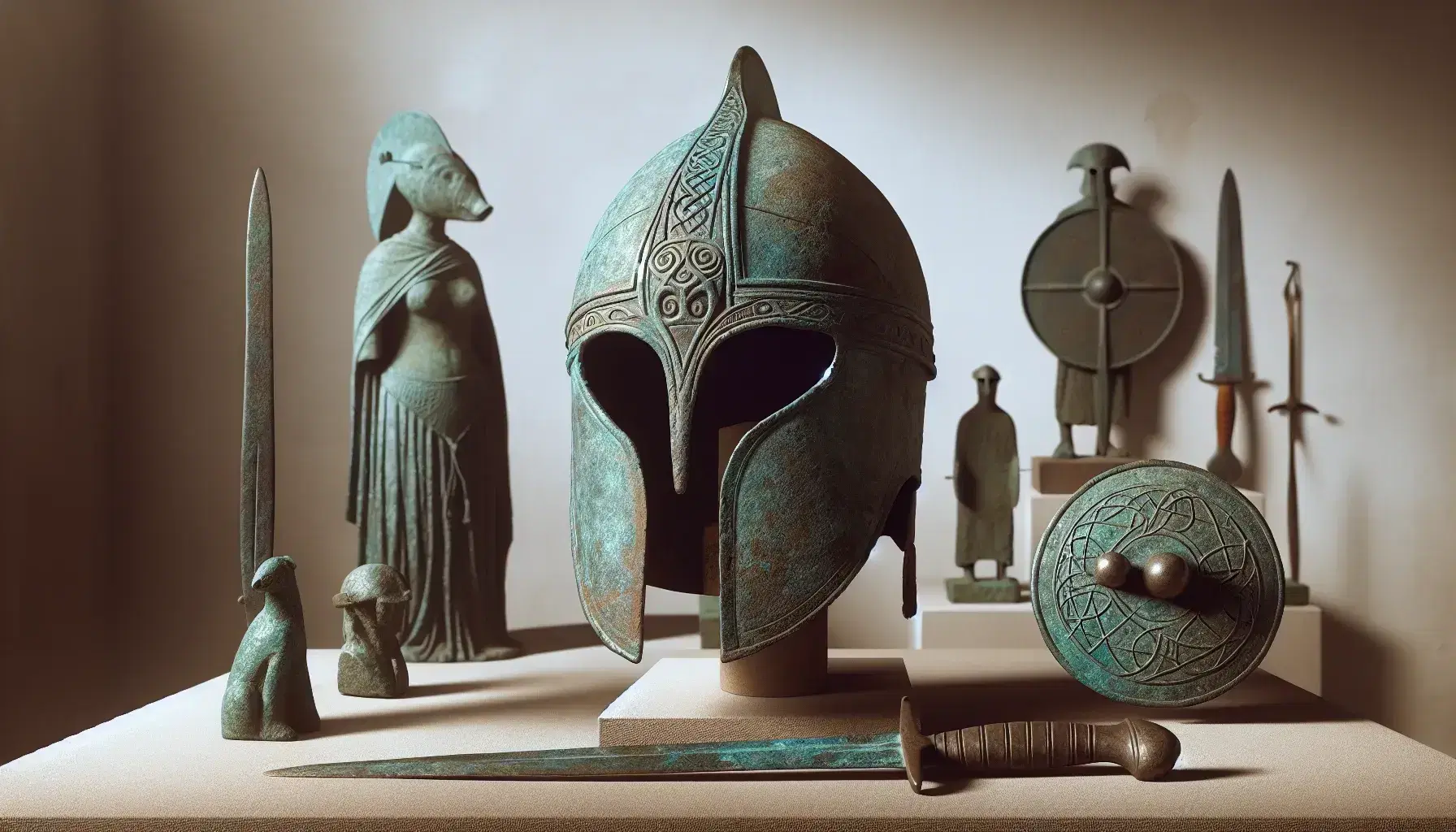 Elmo celtico in bronzo con patina, pugnale con manico inciso e statuetta nuragica in pietra, su sfondo neutro in contesto museale.