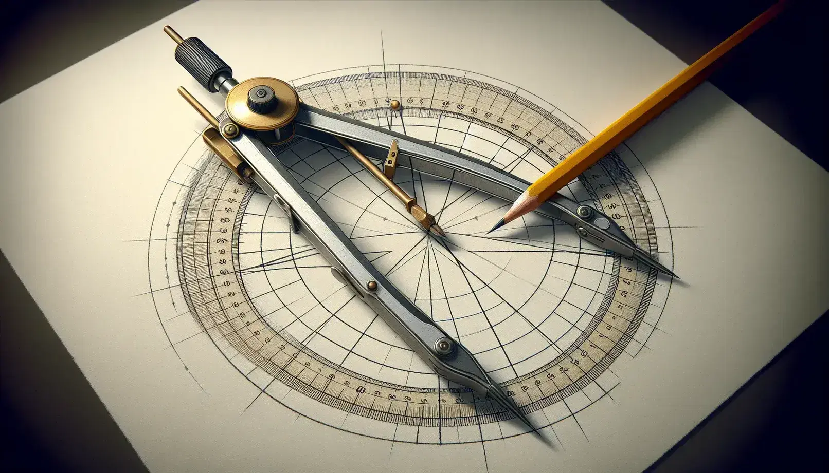 Close-up view of a metallic compass with pencil drawing an incomplete circle and intersecting chords on white paper, with soft shadows.