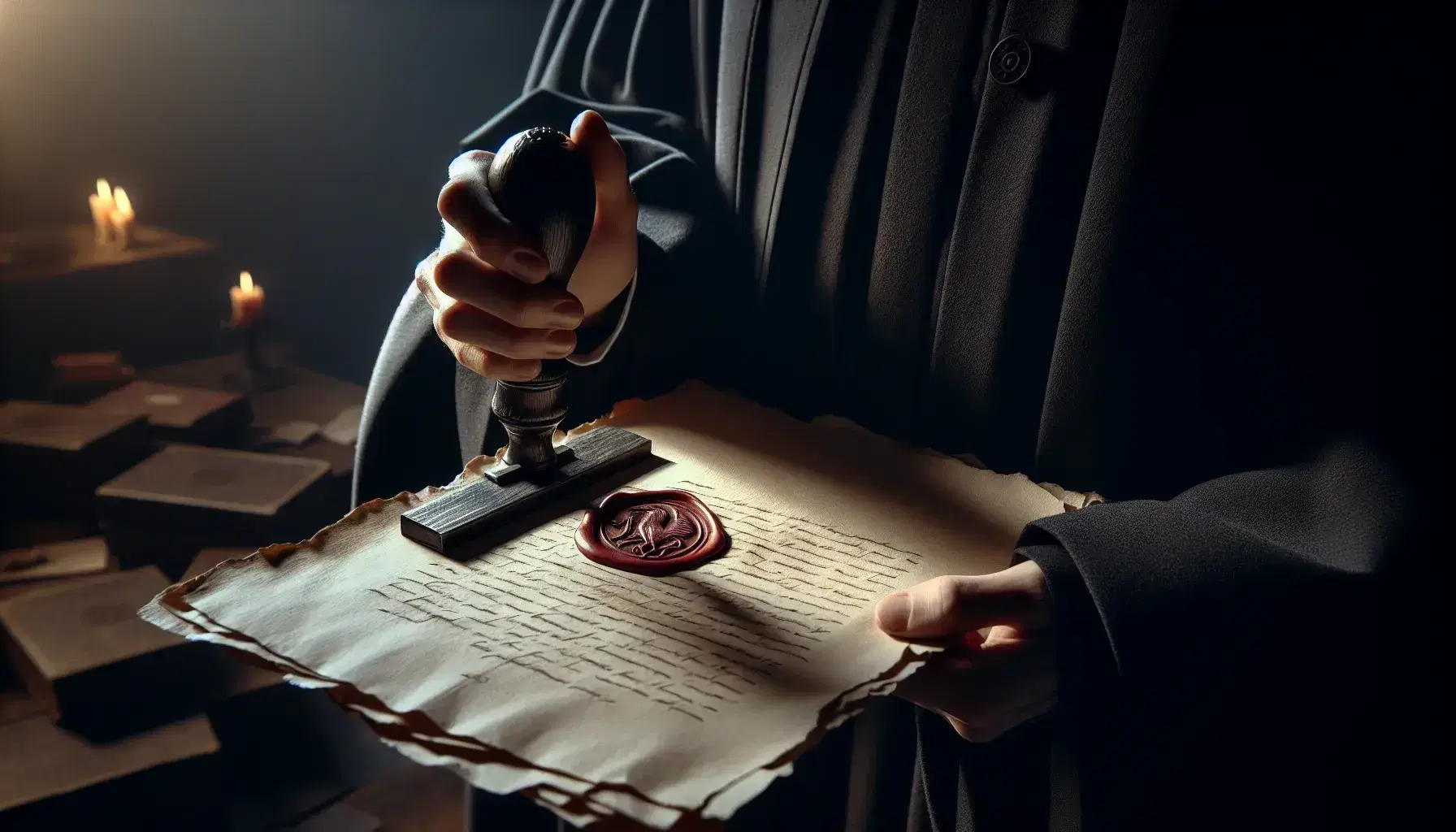 Manos con túnica negra sellando documento con sello de lacre rojo y diseño en relieve, sobre fondo borroso oscuro.