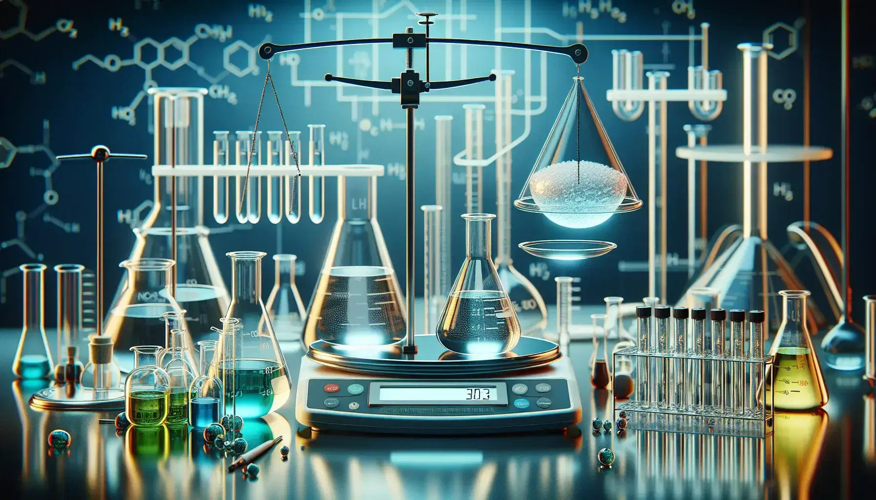 Bilancia analitica con contenitore di solido bianco, provette con liquidi colorati e becher con soluzione vaporosa in laboratorio chimico.