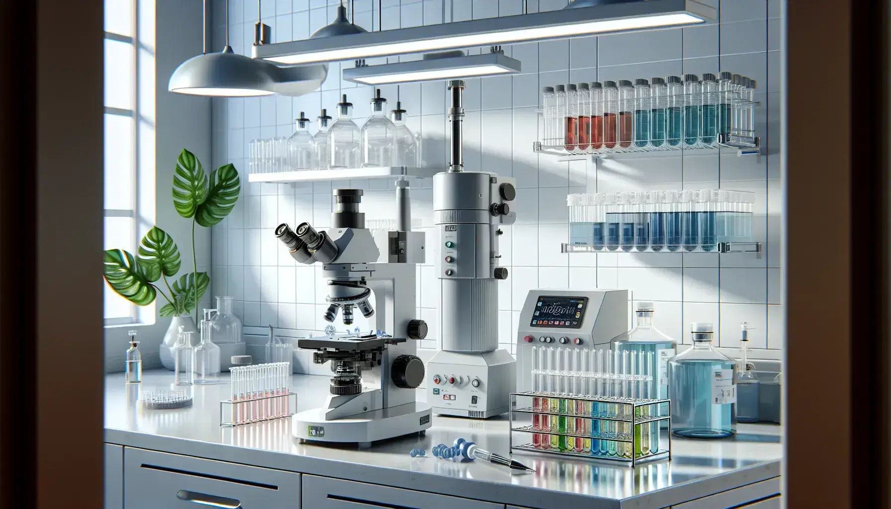 Laboratorio de biotecnología moderno con microscopio electrónico, tubos de ensayo con líquidos de colores y pipeta automática, sin personas.