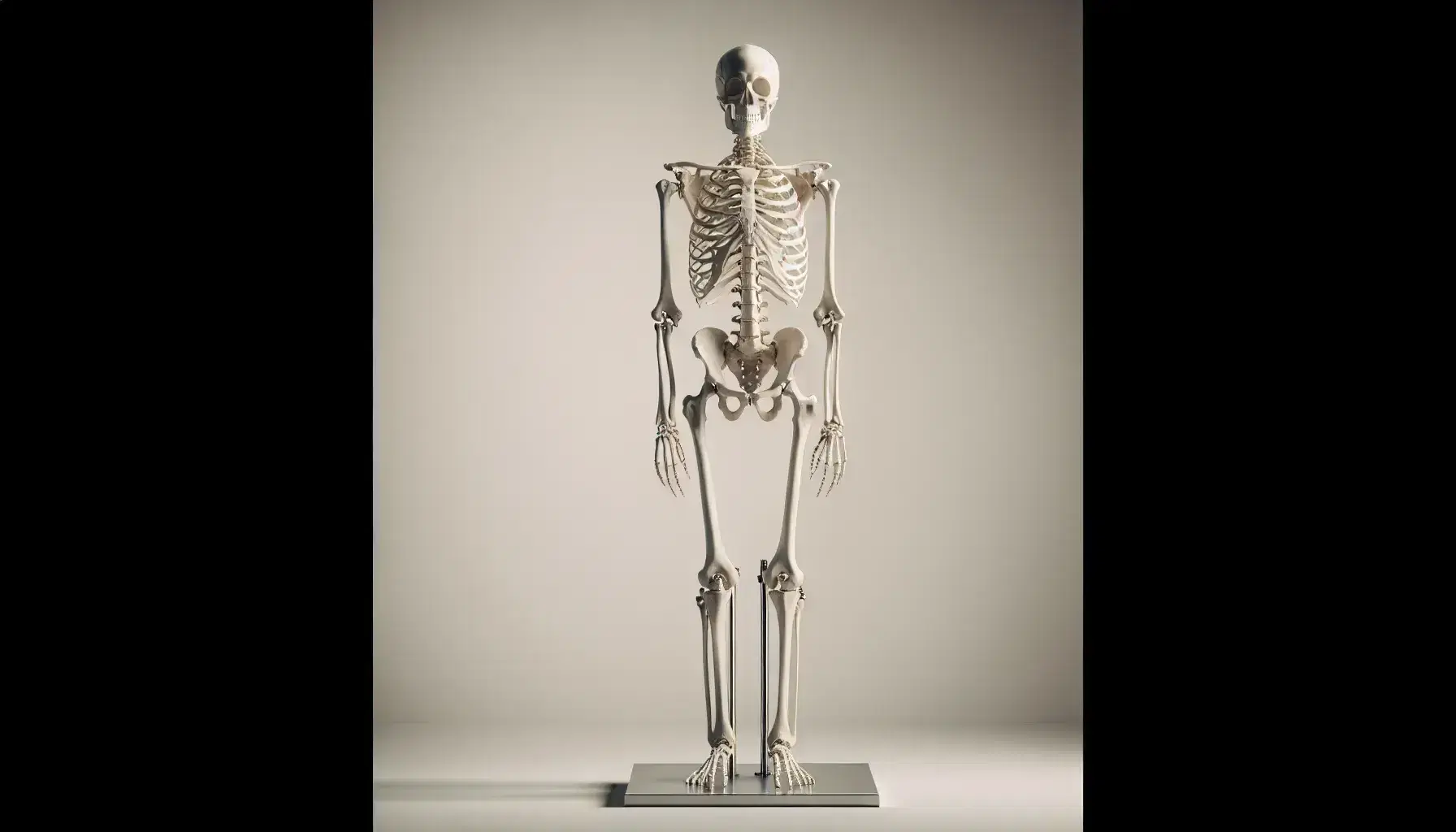 Esqueleto humano completo montado verticalmente en soporte metálico, con fondo neutro, mostrando detalle de huesos y articulaciones sin anotaciones.