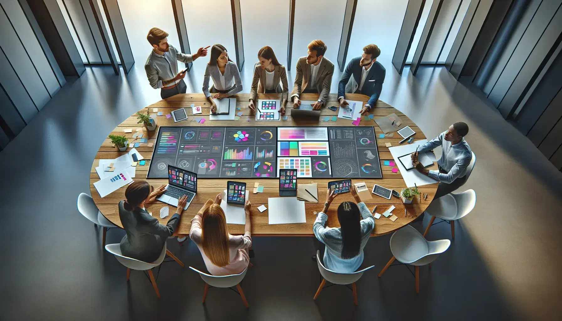 Group of five professionals collaborate around an oval table in modern office with laptop, tablet and colorful post-its.