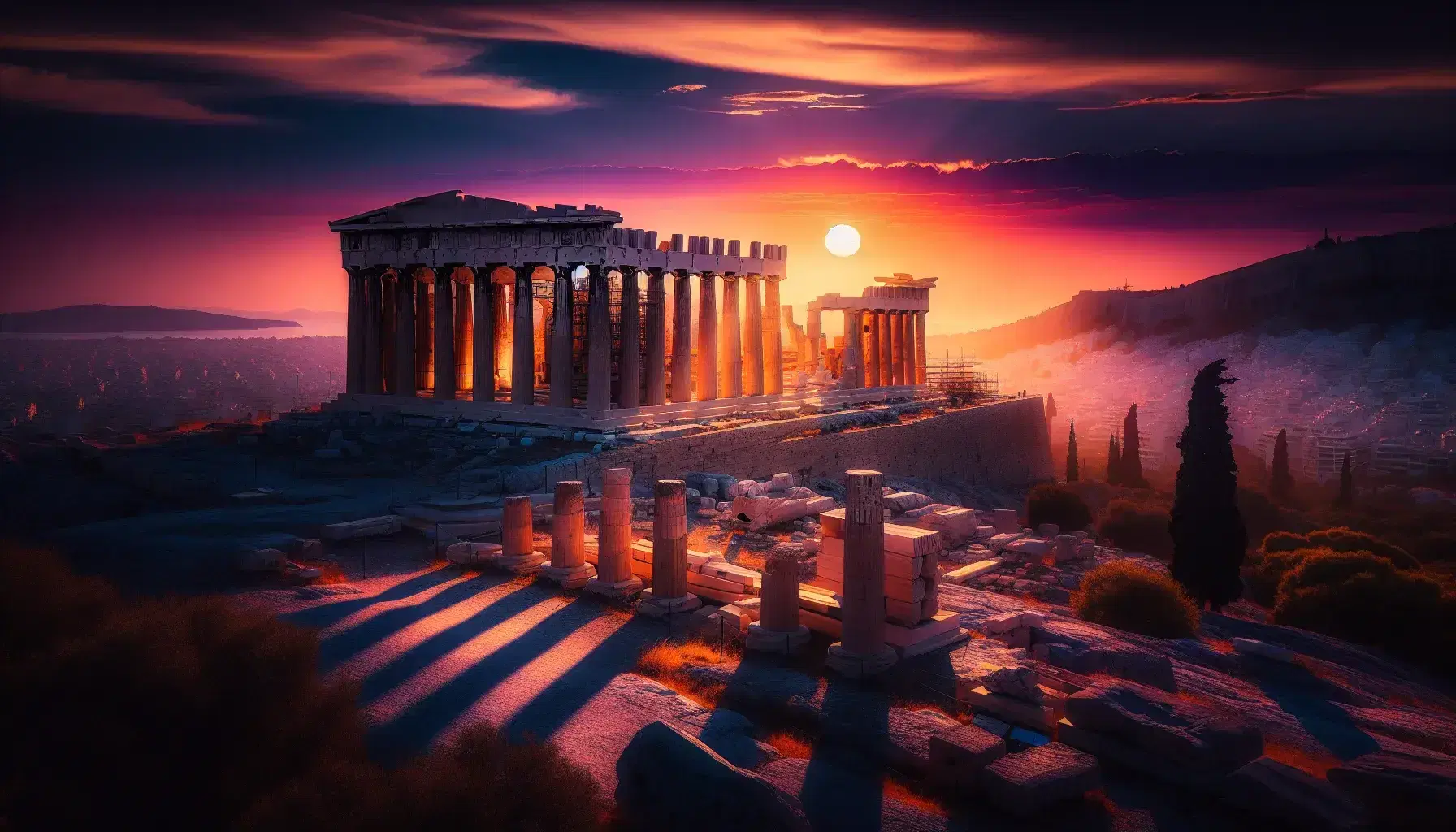 Tramonto all'Acropoli di Atene con il Parthenon dorato dai raggi solari e le Caryatidi dell'Erechtheion in evidenza.