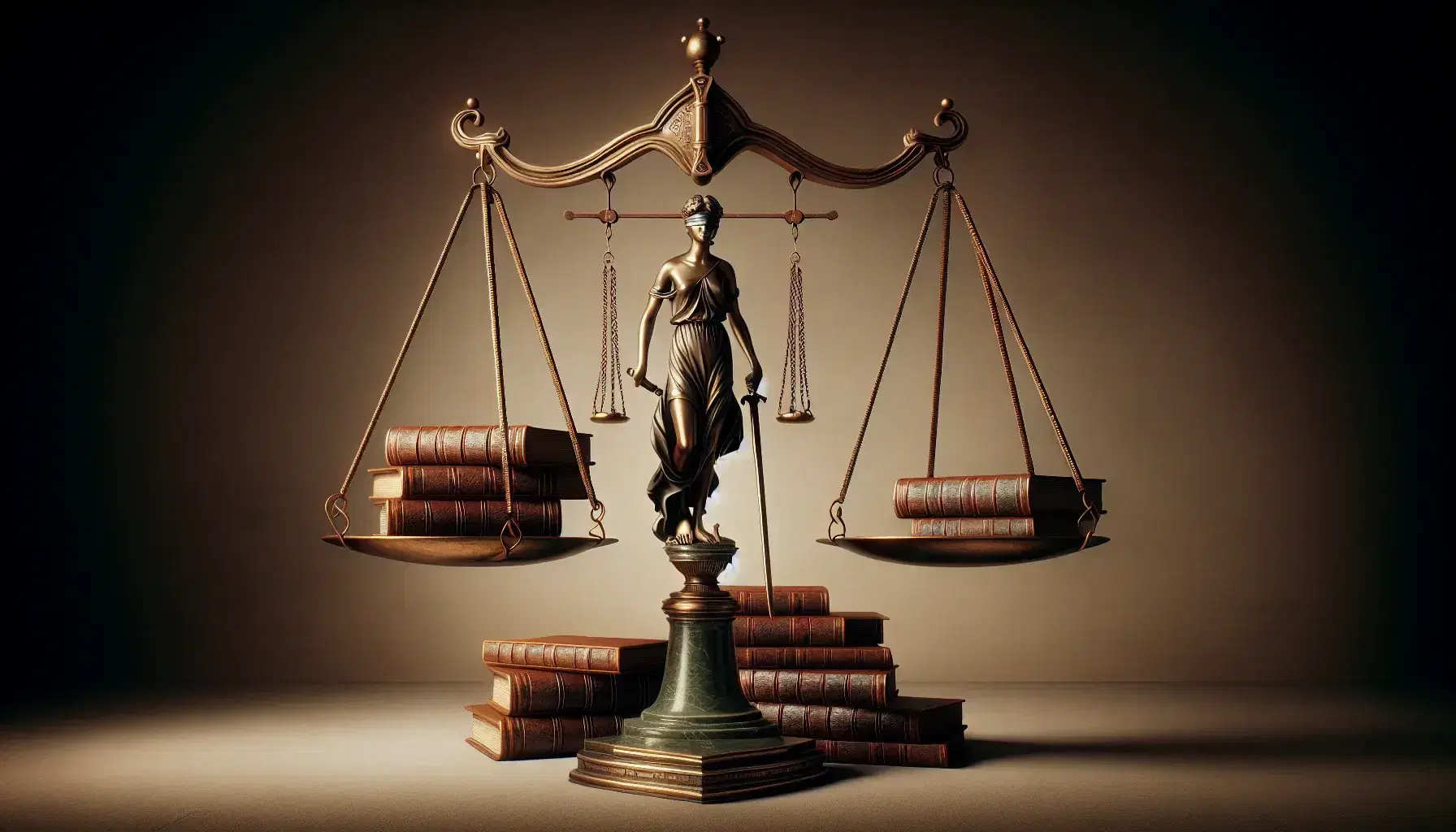 Bilancia antica in equilibrio con statuetta della Giustizia su un piatto e libri impilati sull'altro, su sfondo neutro.
