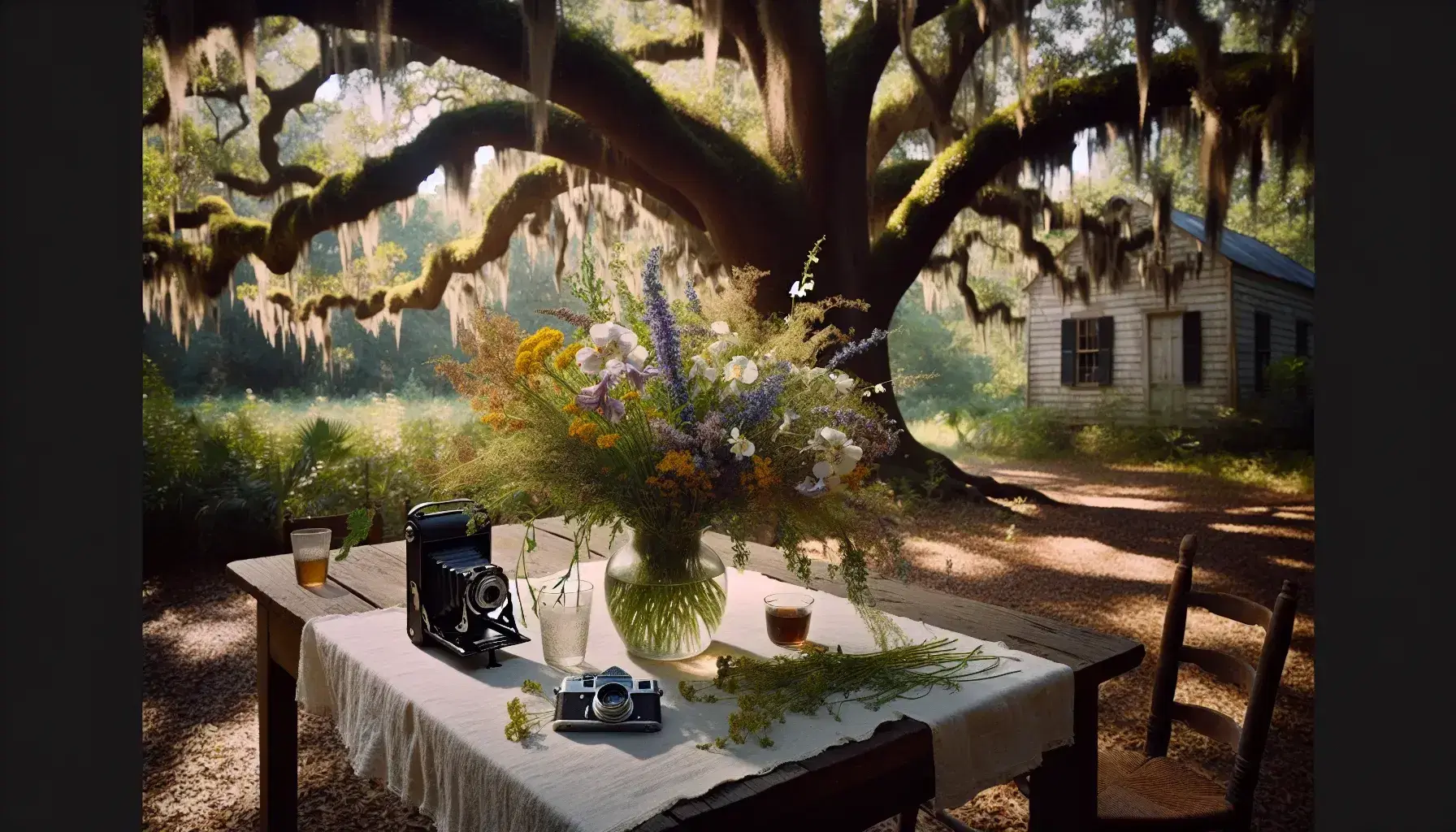 Vintage camera on a table with wildflowers beside a contemplative young girl under a moss-draped oak tree in a serene Southern outdoor setting.