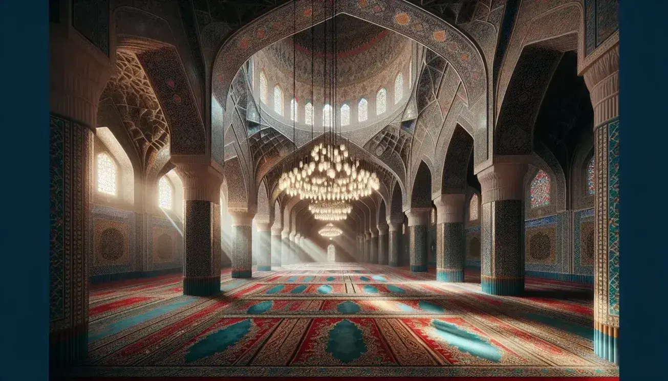 Interno di una moschea con archi in prospettiva, tappeti intricati, lampadario centrale, piastrelle decorate e mihrab indicante la Mecca.