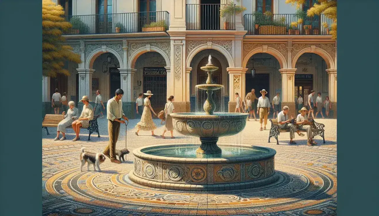 Traditional Spanish plaza with an ornate stone fountain, terracotta-tiled pavement, diverse people relaxing, and colorful buildings with terracotta roofs.