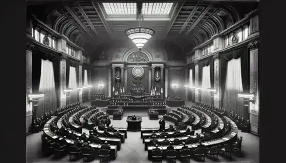 Assemblea Costituente italiana del 1946 in sessione, con membri seduti ai banchi semicircolari e figura al podio in aula decorata.