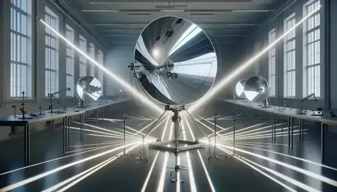 Laboratorio di fisica con specchi parabolici che riflettono fasci di luce, creando linee luminose sul pavimento.
