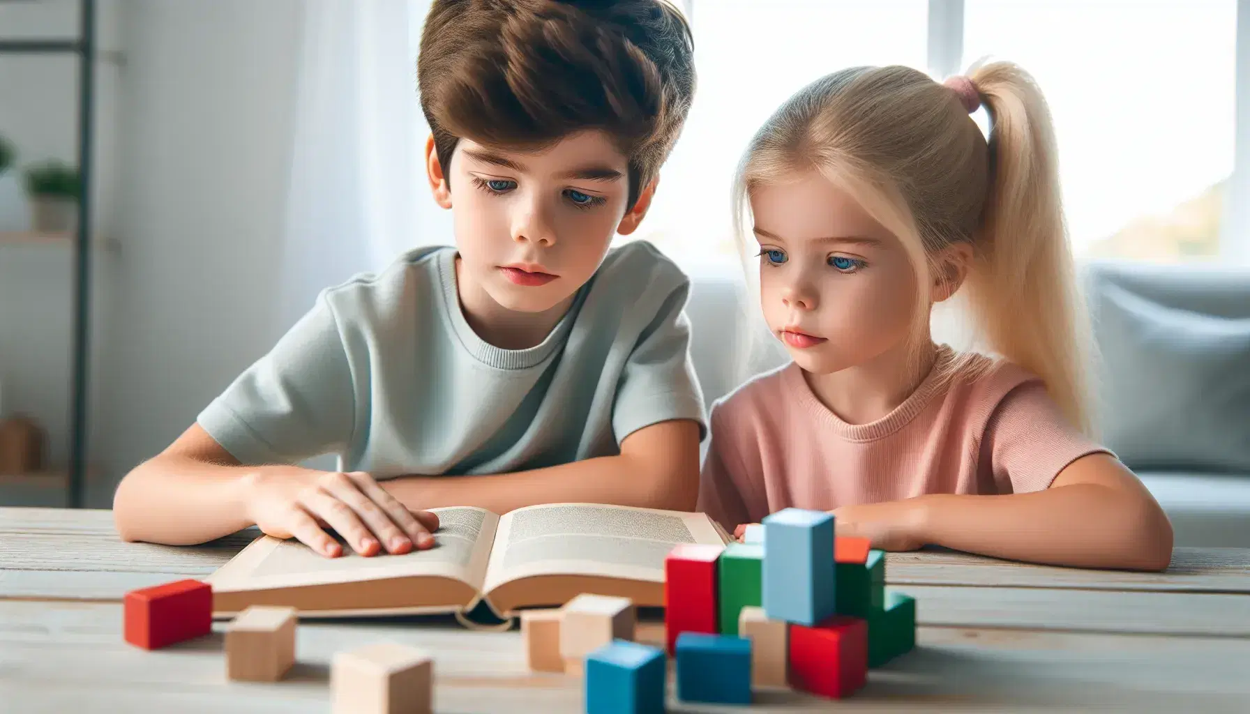 Niño concentrado leyendo libro abierto y niña jugando con bloques de construcción de madera de colores en mesa de madera clara.
