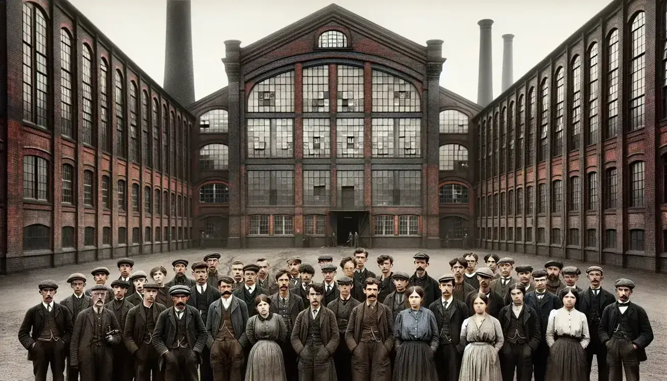 Gruppo di operai post-bellici davanti a fabbrica industriale in mattoni rossi, con abiti d'epoca e espressioni di determinazione.